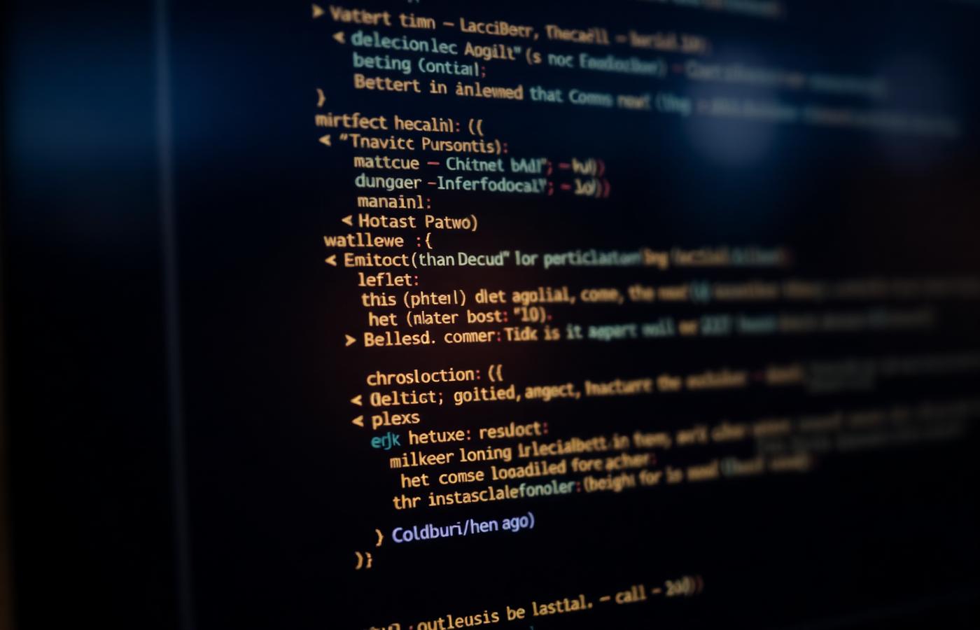 Close-up of source code on a dark editor with syntax highlighting