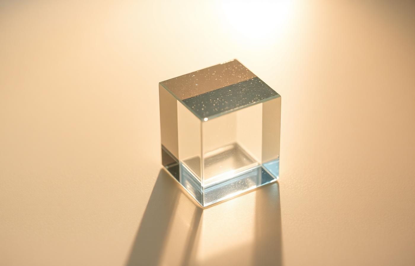 Translucent glass cube on a warm surface with a single beam of light