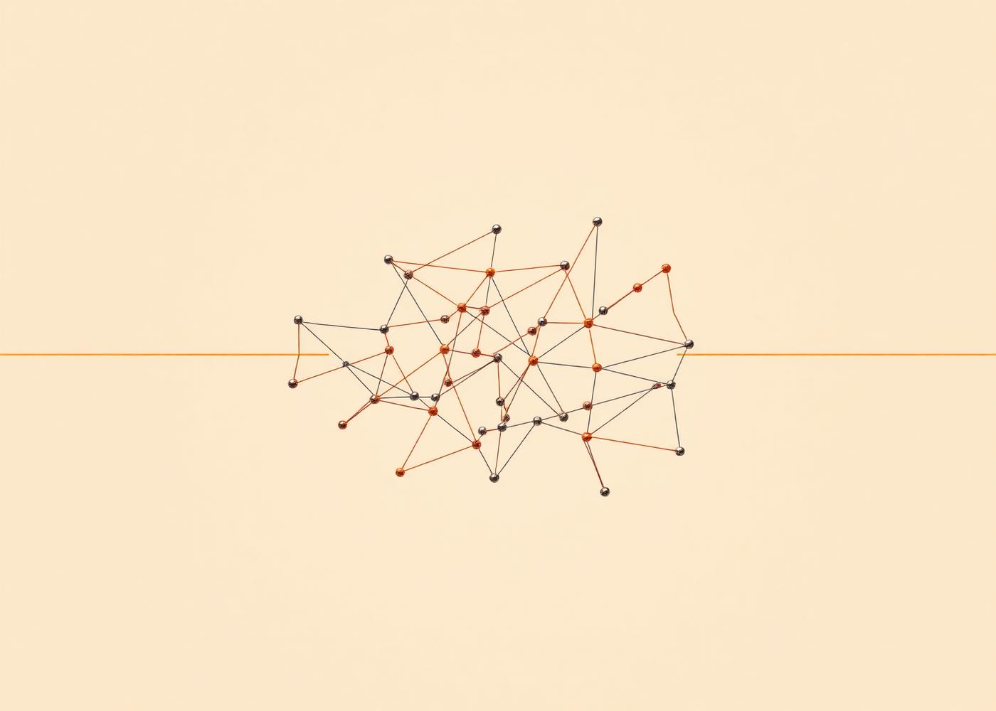 Sculptural network graph of connected nodes over a cream background
